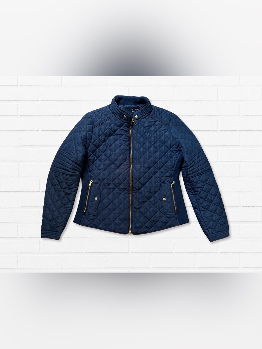 Love Tree Navy Blue Quilted Moto Jacket Gold Zip Women’s Large